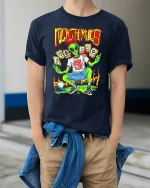 Rebel Alien Funny Graphic Tee - model wearing Navy T-shirt, hands in pockets, denim shirt at waist