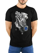 Praying Hands Money Watch T-Shirt - model with hands behind back, wearing Black T-shirt and blue jeans