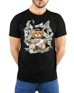 Money Bear Graphic Tee Funny Rich Vibes - model with hands behind back, wearing Black T-shirt and blue jeans