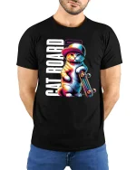 Cool Cat Skateboard Graphic Tee - model with hands behind back, wearing Black T-shirt and blue jeans