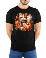 Cute Autumn Cat with Pumpkin Spice T-Shirt - model with hands behind back, wearing Black T-shirt and blue jeans