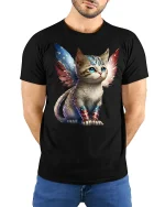 Patriotic Hero Cat with Wings T-Shirt - model with hands behind back, wearing Black T-shirt and blue jeans
