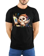 Cute Owl Painting Canvas Funny T-Shirt - model with hands behind back, wearing Black T-shirt and blue jeans