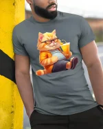 Cool Cat Relaxing with Juice Funny T-Shirt - model leaning on yellow-black pole, wearing Gray T-shirt, hand in pocket