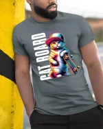 Cool Cat Skateboard Graphic Tee - model leaning on yellow-black pole, wearing Gray T-shirt, hand in pocket