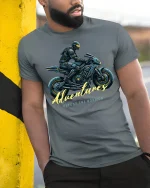 Futuristic Rider Adventures T-Shirt - model leaning on yellow-black pole, wearing Gray T-shirt, hand in pocket