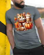 Cute Autumn Cat with Pumpkin Spice T-Shirt - model leaning on yellow-black pole, wearing Gray T-shirt, hand in pocket