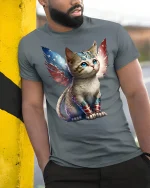 Patriotic Hero Cat with Wings T-Shirt - model leaning on yellow-black pole, wearing Gray T-shirt, hand in pocket
