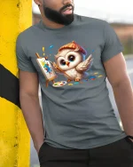 Cute Owl Painting Canvas Funny T-Shirt - model leaning on yellow-black pole, wearing Gray T-shirt, hand in pocket