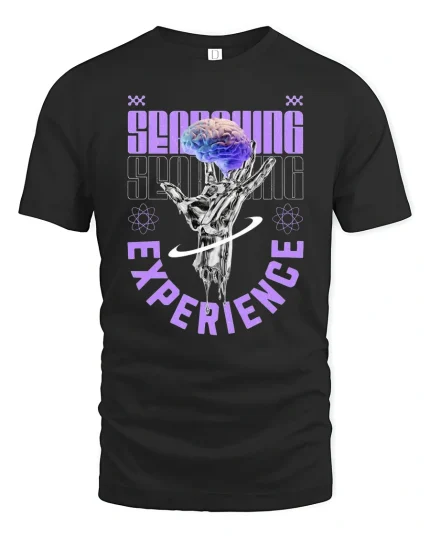 Searching Experience Psychedelic Brain T-Shirt - black t-shirt on white background