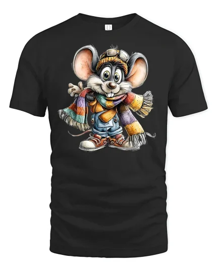 Cute Winter Mouse Scarf T-Shirt - black t-shirt on white background