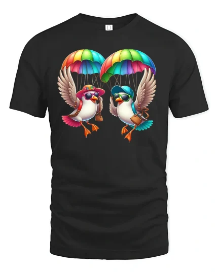 Funny Parachuting Birds Rainbow T-Shirt - black t-shirt on white background