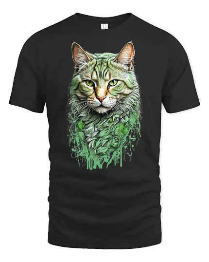 Green Forest Cat Artistic Nature T-Shirt - black t-shirt on white background