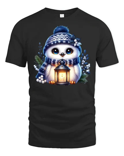 Winter Owl Lantern Cute Cozy Tee - black t-shirt on white background