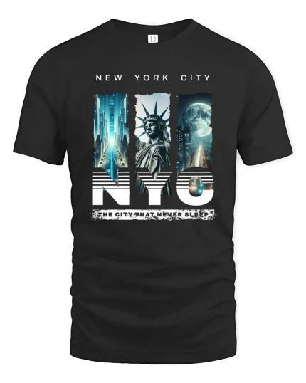 NYC The City That Never Sleeps Tee - black t-shirt on white background