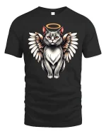 Angel Cat Halo Wings Cute T-Shirt - black t-shirt on white background