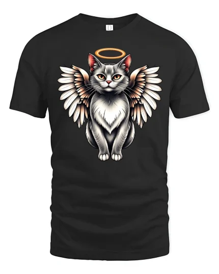 Angel Cat Halo Wings Cute T-Shirt - black t-shirt on white background