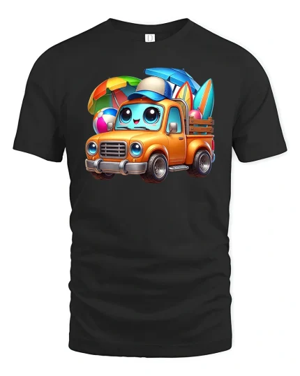 Summer Beach Truck Cute Cartoon T-Shirt - black t-shirt on white background