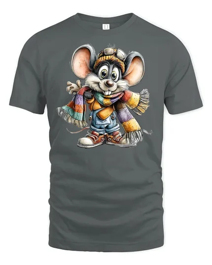 Cute Winter Mouse Scarf T-Shirt - gray t-shirt on white background