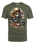 Skull Rider Vintage Motorcycle Art Graphic T-Shirt - military green t-shirt on white background