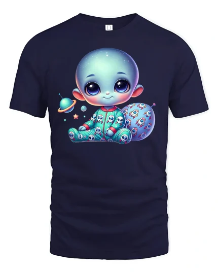Cute Baby Alien in Pajamas T-Shirt - navy t-shirt on white background