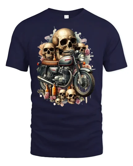 Skull Rider Vintage Motorcycle Art Graphic T-Shirt - navy t-shirt on white background