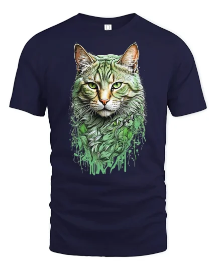 Green Forest Cat Artistic Nature T-Shirt - navy t-shirt on white background