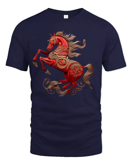Red Royal Horse Majestic Power Art T-Shirt - navy t-shirt on white background