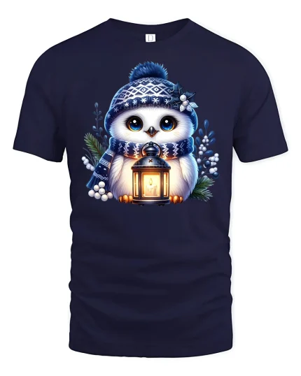 Winter Owl Lantern Cute Cozy Tee - navy t-shirt on white background