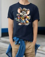 Cute Winter Mouse Scarf T-Shirt - model wearing Navy T-shirt, hands in pockets, denim shirt at waist