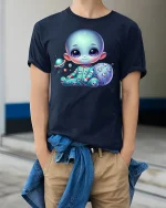 Cute Baby Alien in Pajamas T-Shirt - model wearing Navy T-shirt, hands in pockets, denim shirt at waist