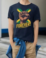 Gaza Forever Power Fist T-Shirt - model wearing Navy T-shirt, hands in pockets, denim shirt at waist