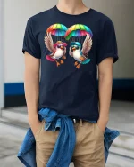 Funny Parachuting Birds Rainbow T-Shirt - model wearing Navy T-shirt, hands in pockets, denim shirt at waist