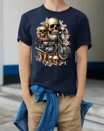 Skull Rider Vintage Motorcycle Art Graphic T-Shirt - model wearing Navy T-shirt, hands in pockets, denim shirt at waist