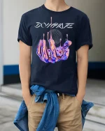 Dominate Futuristic Chrome Hand T-Shirt - model wearing Navy T-shirt, hands in pockets, denim shirt at waist