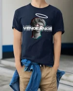 Vengeance Statue Glitch Halo 3D Art T-Shirt - model wearing Navy T-shirt, hands in pockets, denim shirt at waist