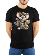 Cute Winter Mouse Scarf T-Shirt - model with hands behind back, wearing Black T-shirt and blue jeans