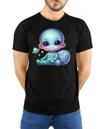 Cute Baby Alien in Pajamas T-Shirt - model with hands behind back, wearing Black T-shirt and blue jeans