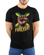 Gaza Forever Power Fist T-Shirt - model with hands behind back, wearing Black T-shirt and blue jeans
