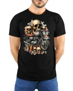 Skull Rider Vintage Motorcycle Art Graphic T-Shirt - model with hands behind back, wearing Black T-shirt and blue jeans