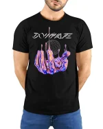 Dominate Futuristic Chrome Hand T-Shirt - model with hands behind back, wearing Black T-shirt and blue jeans