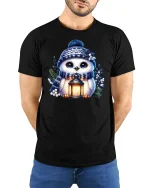 Winter Owl Lantern Cute Cozy Tee - model with hands behind back, wearing Black T-shirt and blue jeans