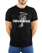 Vengeance Statue Glitch Halo 3D Art T-Shirt - model with hands behind back, wearing Black T-shirt and blue jeans