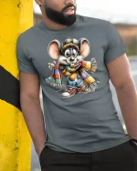 Cute Winter Mouse Scarf T-Shirt - model leaning on yellow-black pole, wearing Gray T-shirt, hand in pocket