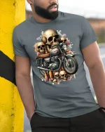 Skull Rider Vintage Motorcycle Art Graphic T-Shirt - model leaning on yellow-black pole, wearing Gray T-shirt, hand in pocket