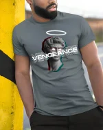 Vengeance Statue Glitch Halo 3D Art T-Shirt - model leaning on yellow-black pole, wearing Gray T-shirt, hand in pocket