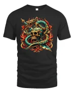 Skull and Serpent Warrior Fire Sword T-Shirt - black t-shirt on white background