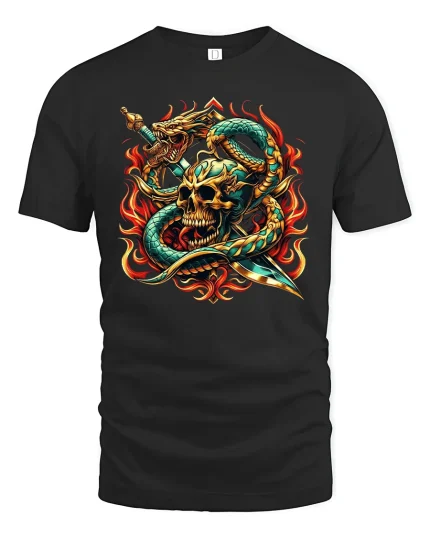 Skull and Serpent Warrior Fire Sword T-Shirt - black t-shirt on white background