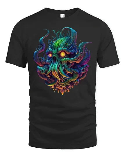 Neon Cthulhu Monster Glow Fantasy Horror T-Shirt - black t-shirt on white background