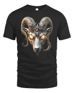 Inferno Ram Skull Fire Eyes Fantasy T-Shirt - black t-shirt on white background